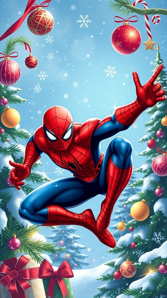 Spiderman in a Christmas-themed wallpaper design with festive decorations.